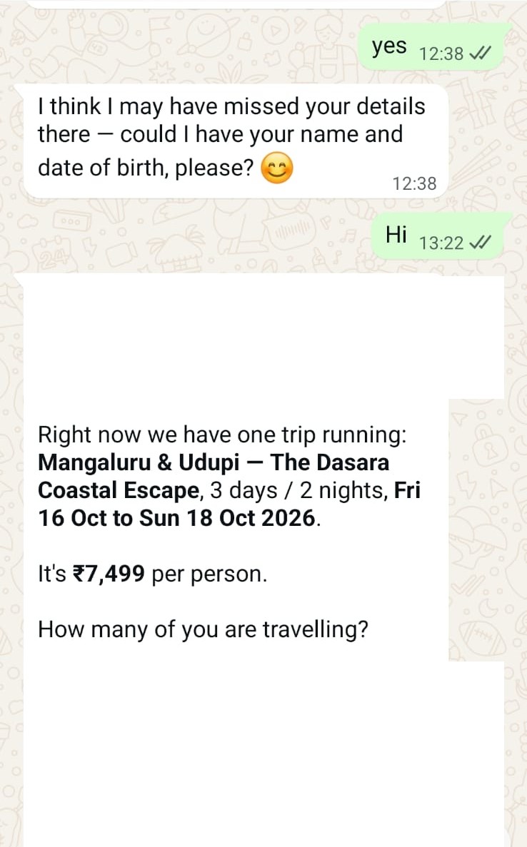 WhatsApp enquiry bot demo for a travel agency